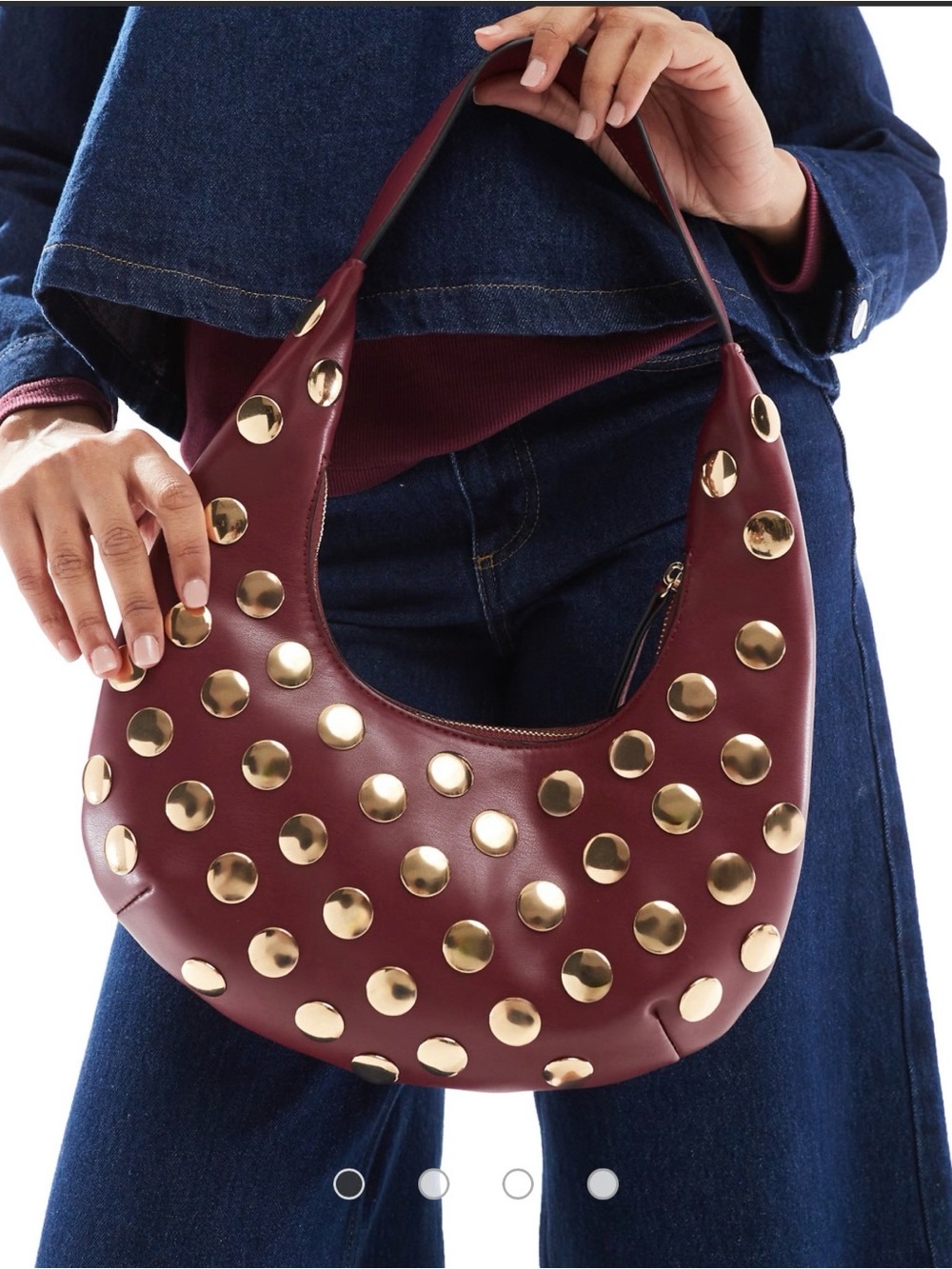 ASOS Burgundy Studded Shoulder Bag with Gold Discs